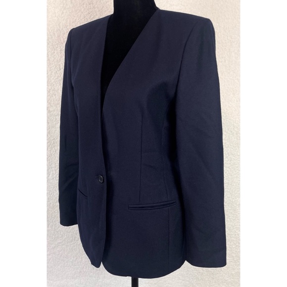 (VTG) JASON PRESCOTT • Petites Navy Blue Structured Pure Wool Blazer Jacket - Picture 3 of 13